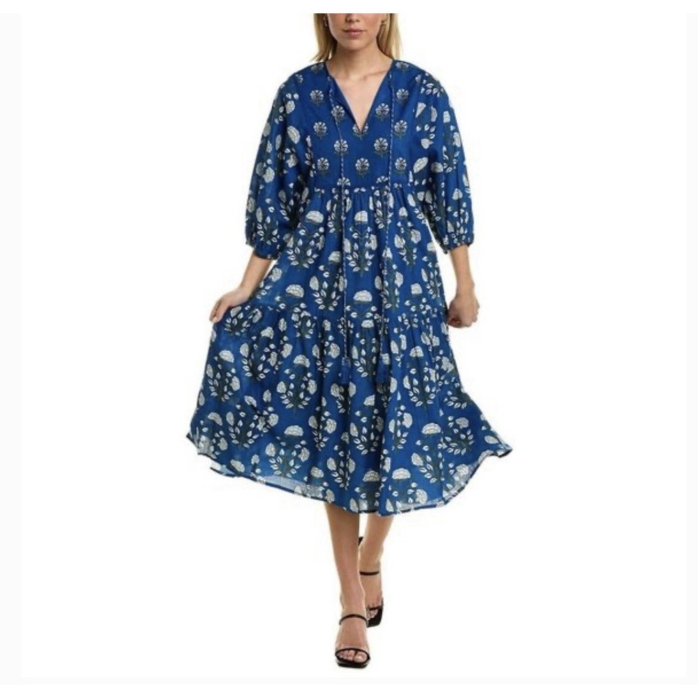 Anthropologie Ro's Garden X-Large Blue Floral Block Print Dress Light Cotton